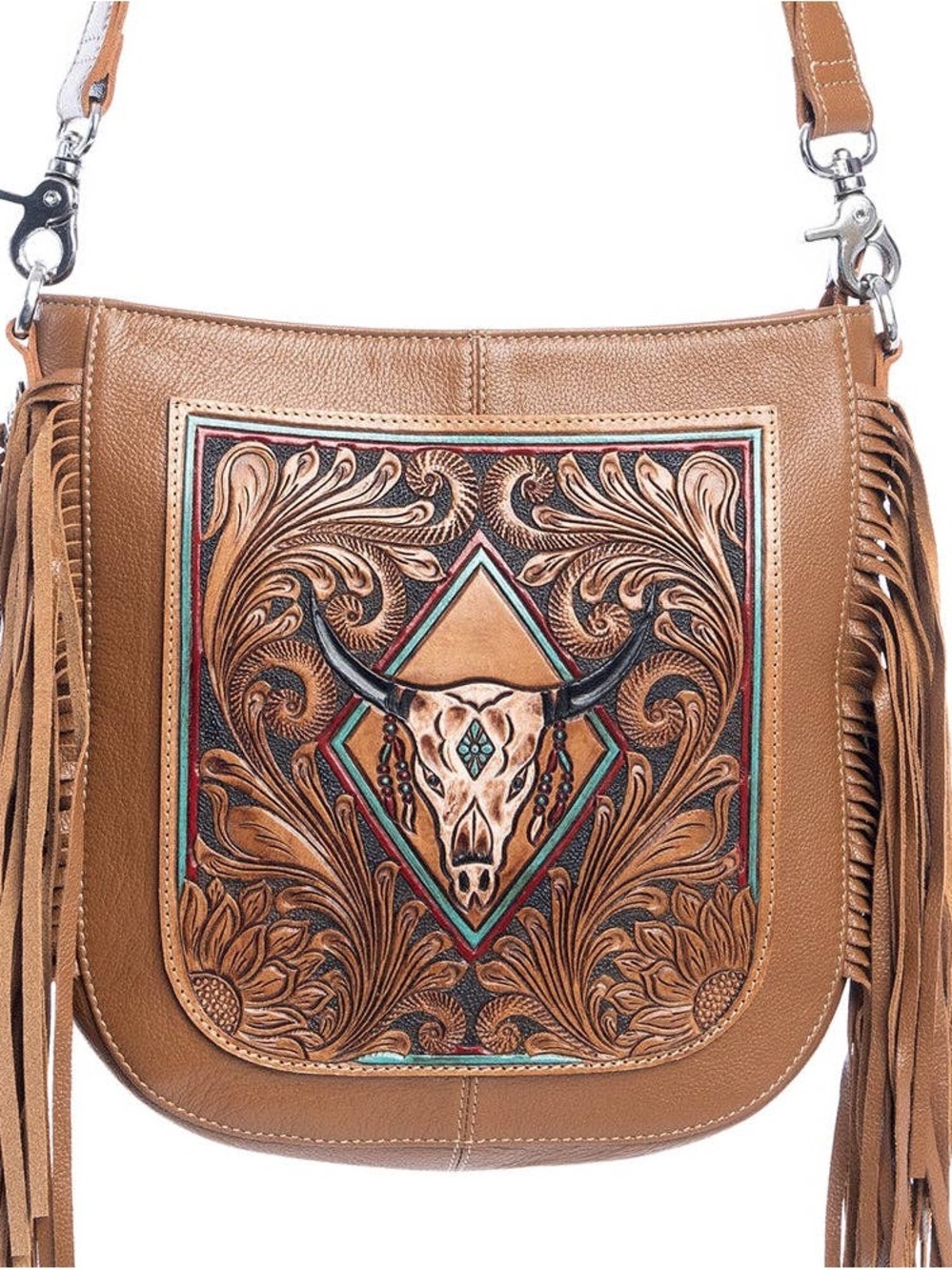 Fringed Tooled Leather Crossbody Bag in Brown